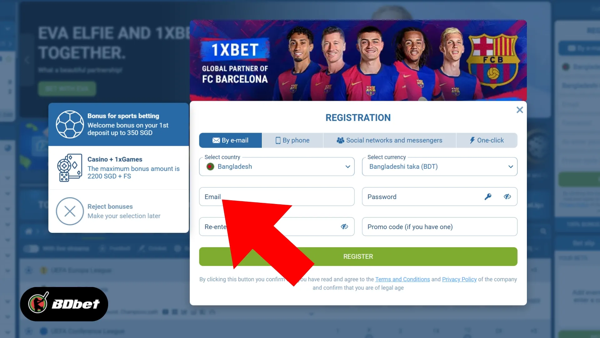 Fill in the registration form with your phone number or email and password.