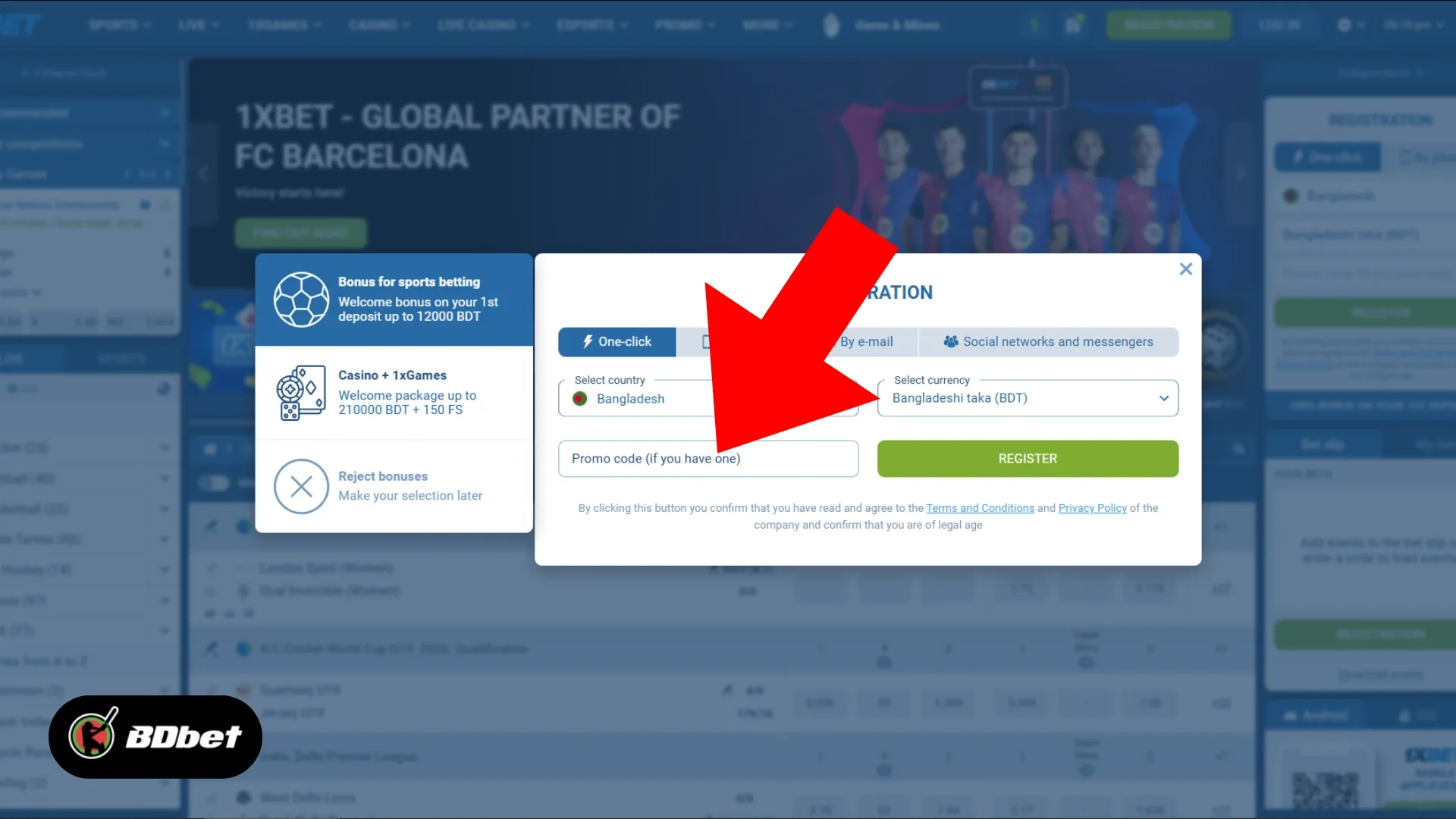 <strong>Enter Your Promo Code: </strong>To get the welcome bonus, you must use the promo code during your registration process. Enter our exclusive 1xbet promo code ‘BDBETNET’ in the required field to get 100% welcome bonus from 1xbet on your first deposit. Next, click on register to complete your registration process.