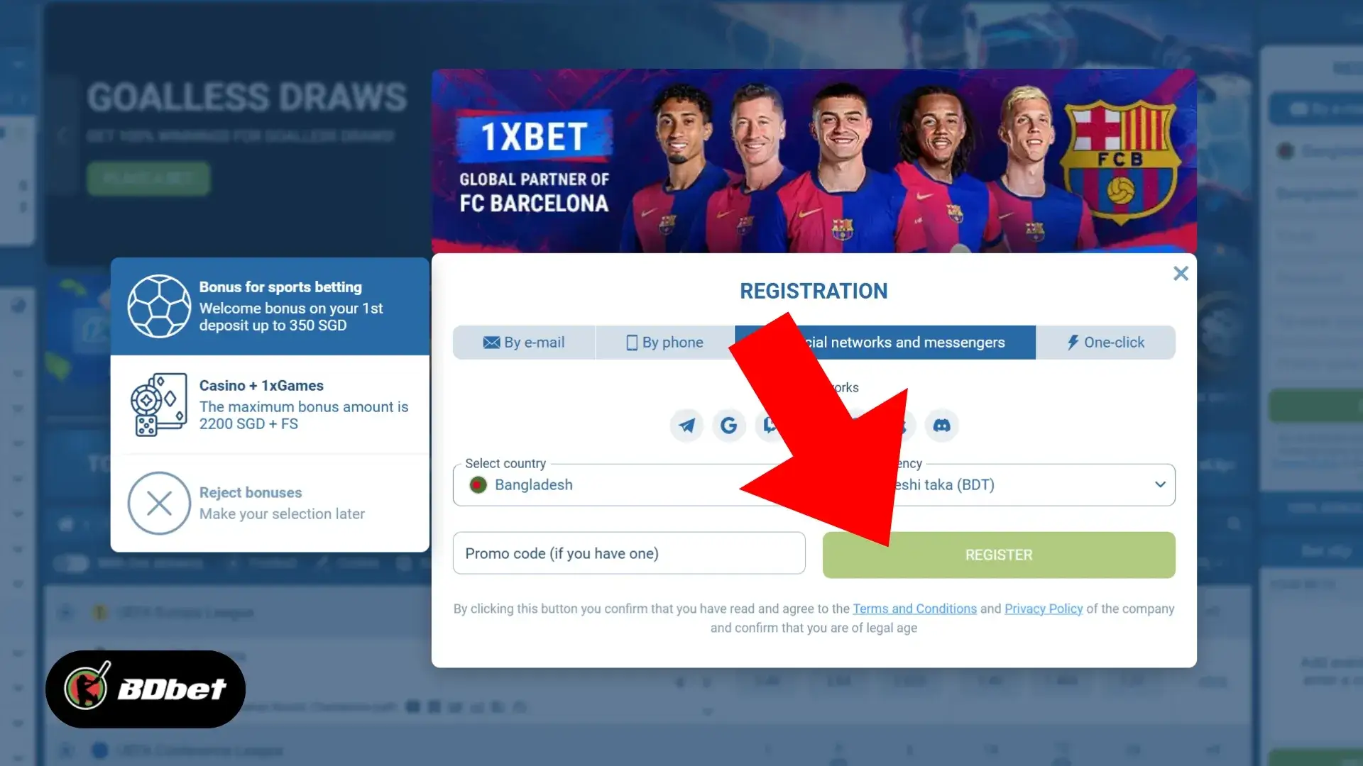 Next, agree with the ‘Terms and Conditions’ and click on ‘Register’ to create your account. Next, follow 1xbet login online process to log in to your account.