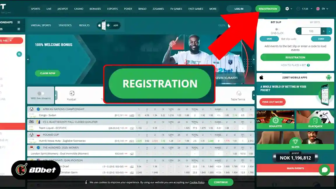 Start 22bet Registration:
