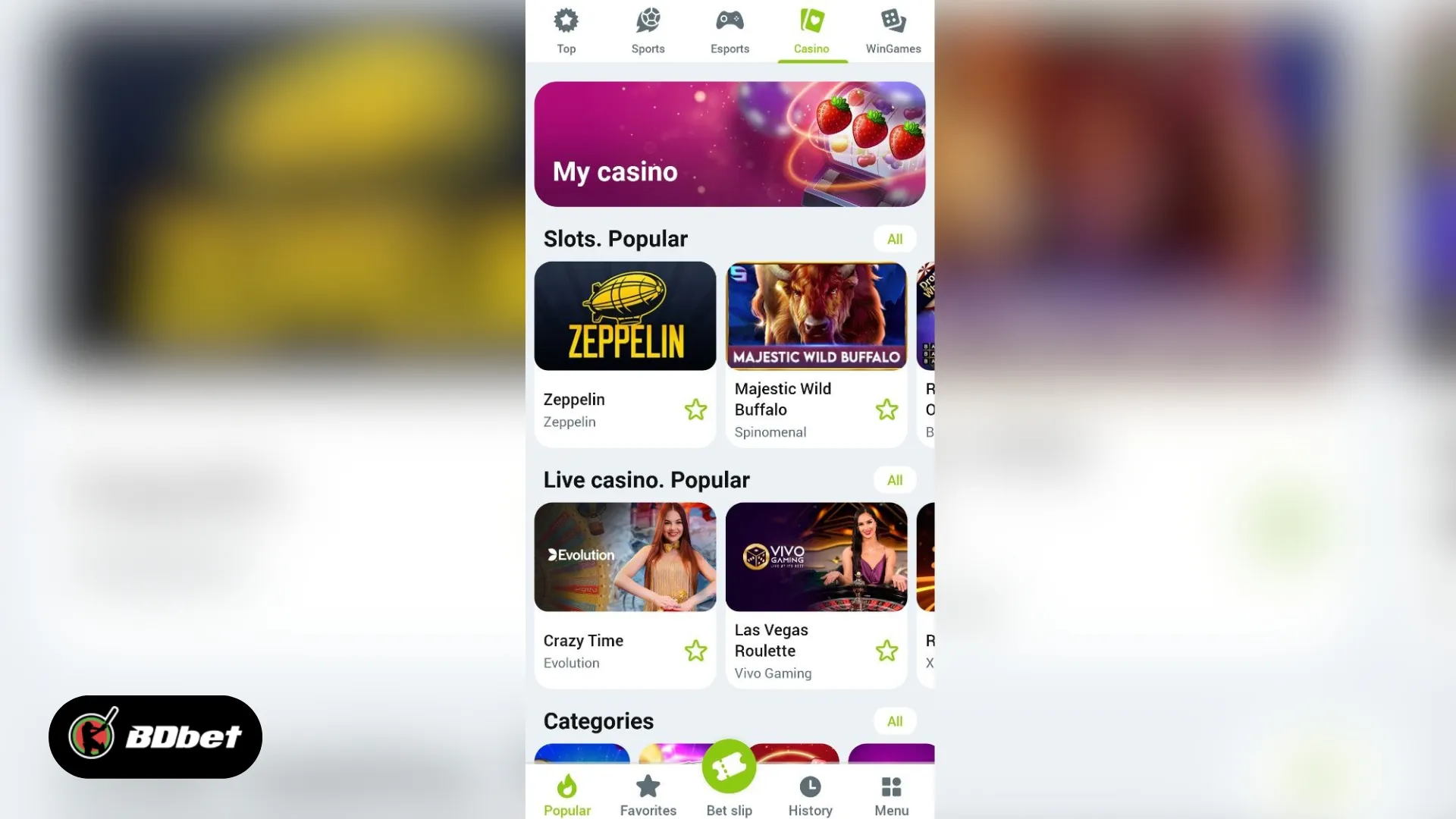 Casino and Live Casino Games in WinWin App