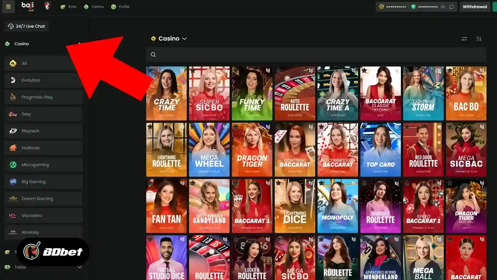 Step 2. Navigate to Live Casino Section 